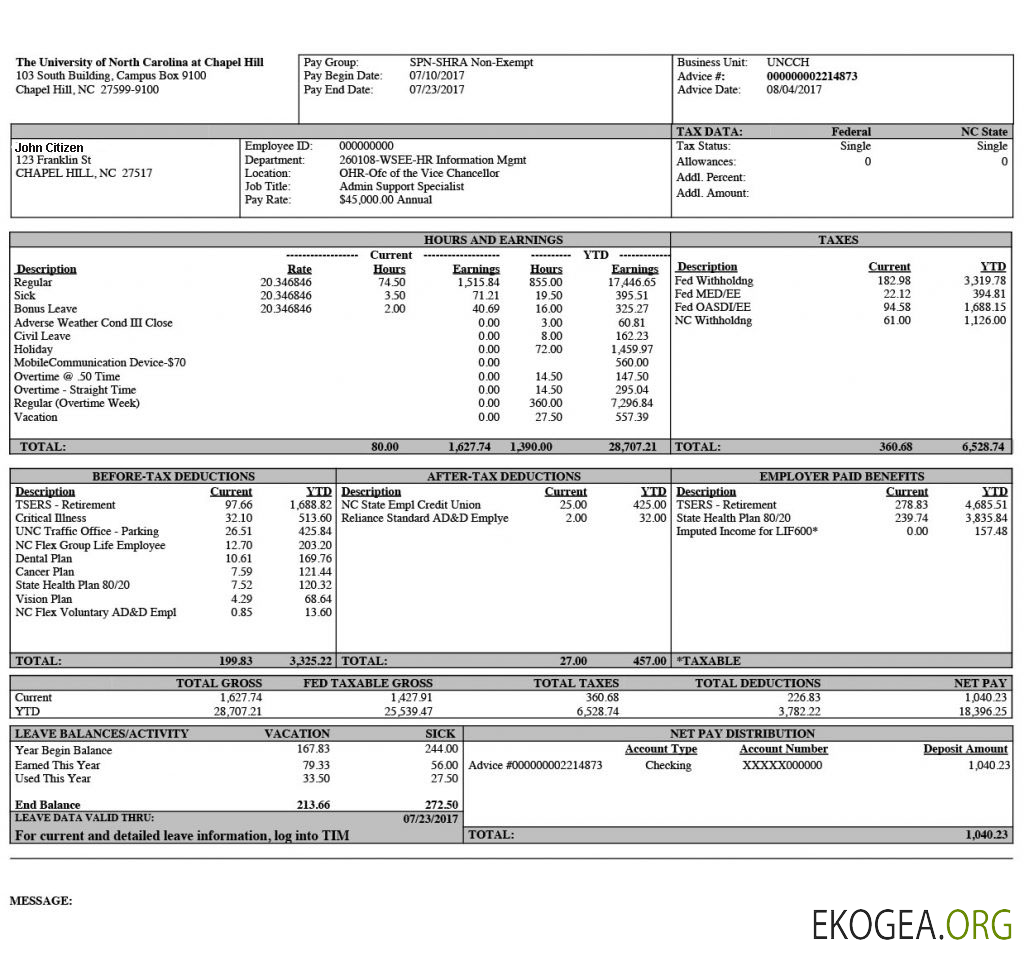 L'UNIVERSITÉ de Caroline du Nord à Chapel Hill, bulletin de paie aux formats Word et PDF